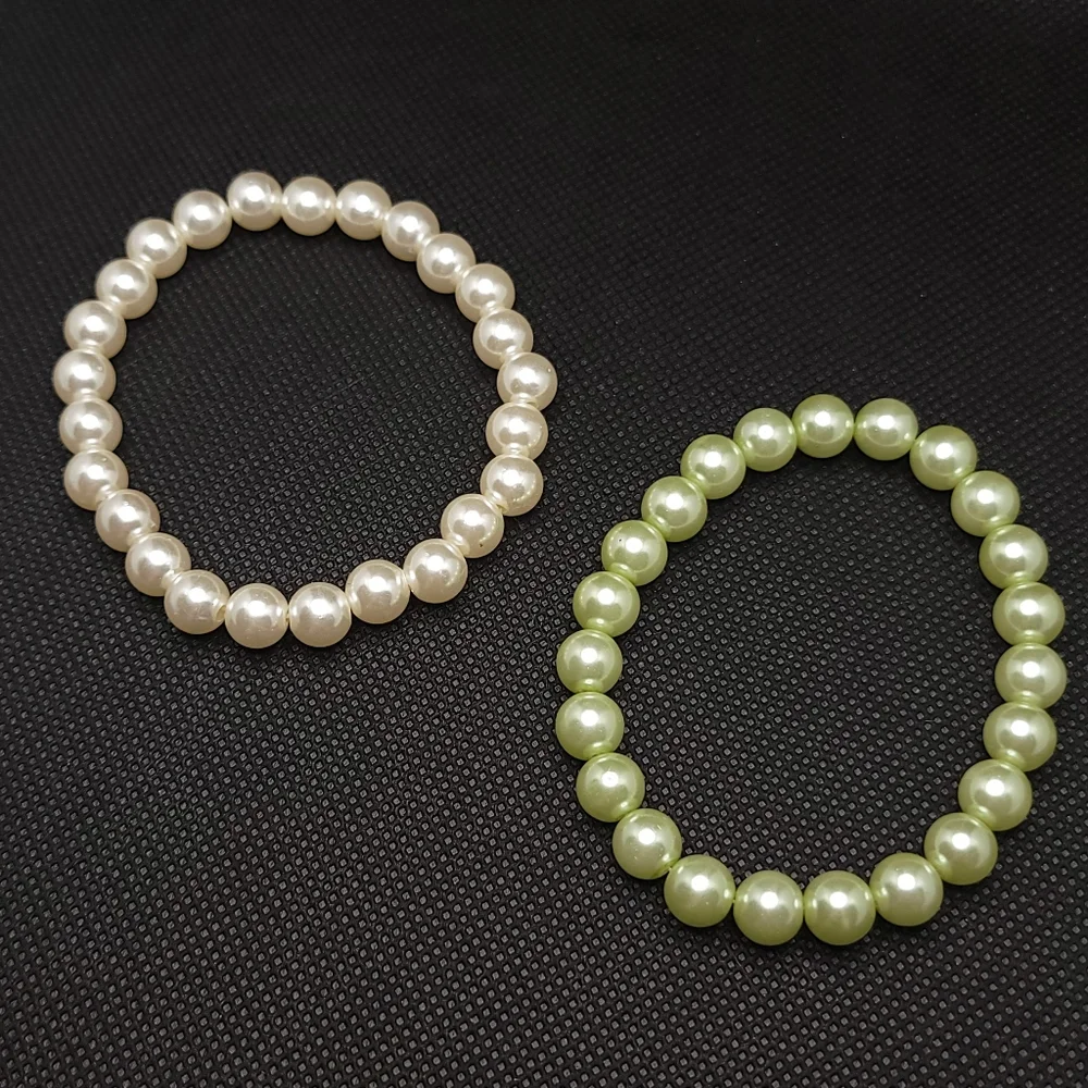 Faux Pearl Bracelets Cream and Green Pearlescent Beads Stretch